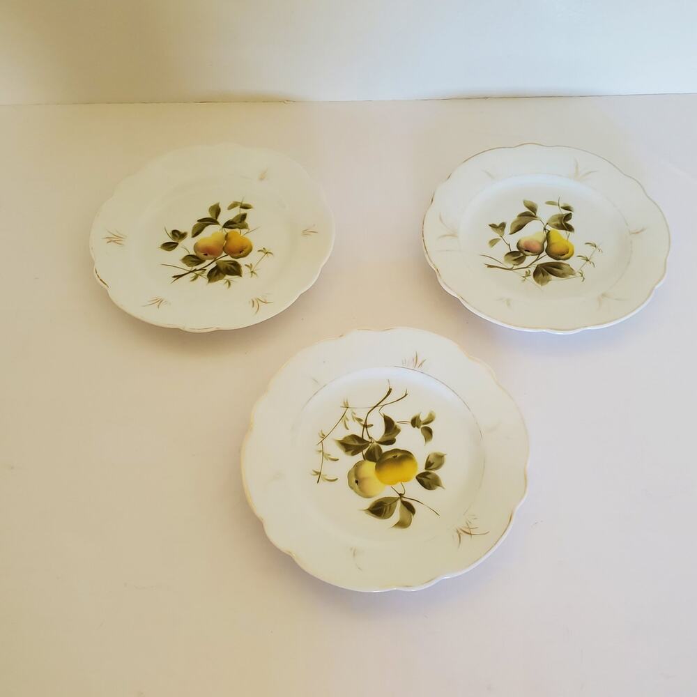 Vintage Fruit Design 7" Plates Set 3 Apple Pear Bread Butter Scalloped Yellow